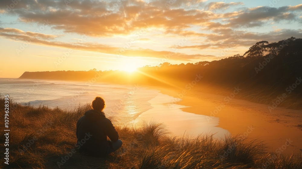 A solo traveler watching the sunrise from a quiet beach A solo traveler watching the sunrise from a quiet beach