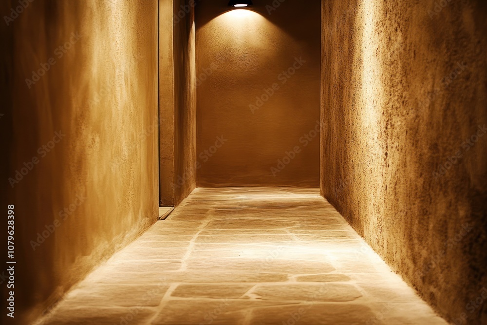 Obraz premium A serene corridor illuminated by soft lighting, showcasing textured walls and stone flooring.