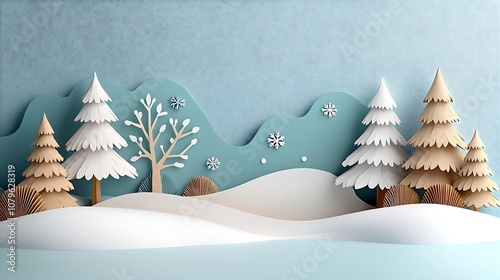 Fototapeta Naklejka Na Ścianę i Meble -  Enchanting layered paper cut artwork depicting a peaceful snowy forest landscape with tall pine trees  soft snow on the ground  and delicate layers of falling snowflakes creating depth and a serene