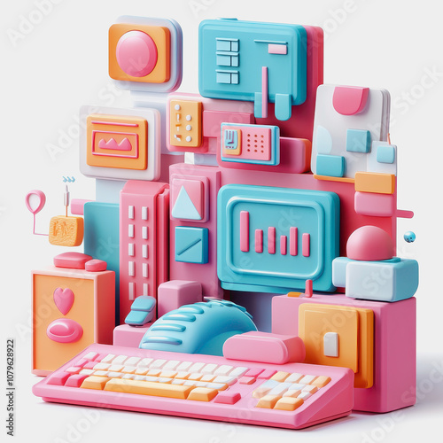 Playful and Colorful Composition of Abstract Shapes and Elements Featuring a Keyboard and Various Digital Icons in Vibrant Pastel Colors