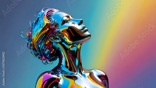Profile shot of female statue made of colorful liquid metal with abstract rainbow background