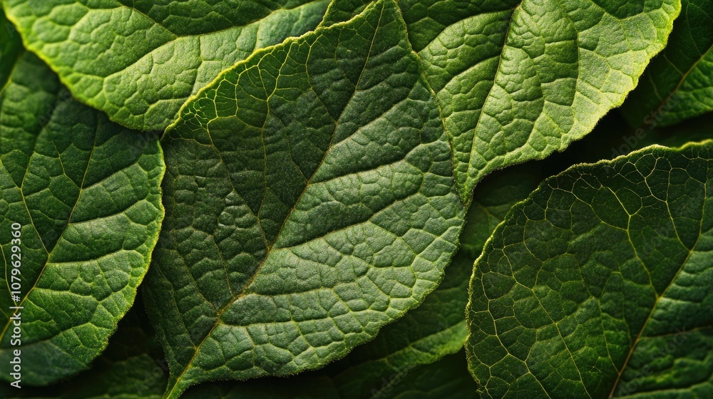 Close up of Lush Green Leaves Showcasing Distinct Veins and Complex Textures Close up of Lush Green Leaves Showcasing Distinct Veins and Complex Textures