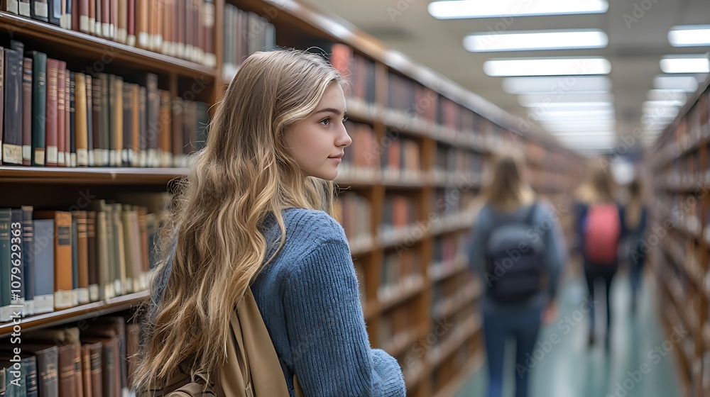 Young woman in library surrounded by books capturing the essence of study and knowledge in an academic environment Young woman in library surrounded by books capturing the essence of study and knowledge in an academic environment