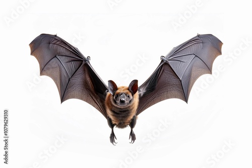 Flying bat isolated on black background. The grey long-eared bat (Plecotus austriacus) is a fairly large European bat. It has distinctive ears, long and with a distinctive fold. It hunt above woodland photo