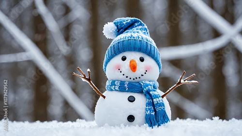 Cute snowman wearing blue knit cap and scarf with winter background