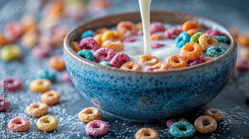 Milk pouring into a bowl of colorful cereal rings.