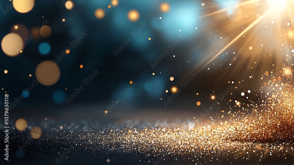 Obraz premium Flat of a golden glitter explosion with sparkling particles and light rays radiating from the center creating a celebratory and festive atmosphere The image is perfect for backgrounds banners