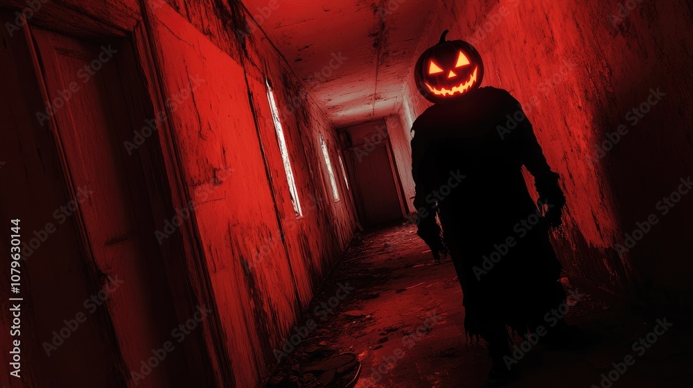 Mysterious silhouette with a luminous pumpkin head hiding in a poorly lit abandoned corridor creating a haunting shadowy illumination