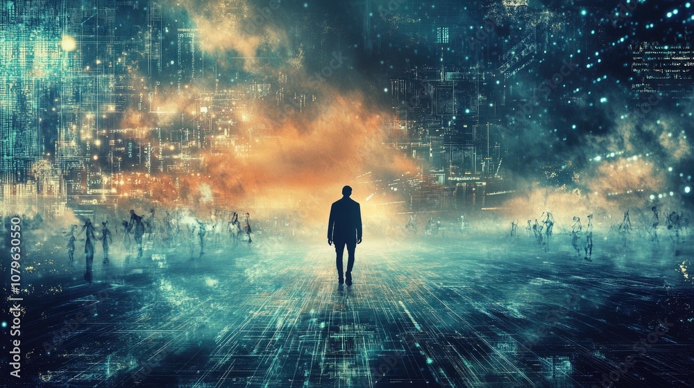 Silhouette of a Man Walking Towards a Futuristic Cityscape Silhouette of a Man Walking Towards a Futuristic Cityscape