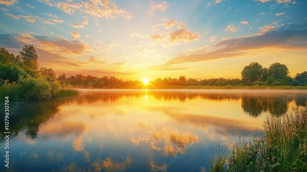Colorful sunset over a serene lake highlighting the tranquil beauty of nature with reflection and warm hues in the sky Colorful sunset over a serene lake highlighting the tranquil beauty of nature with reflection and warm hues in the sky