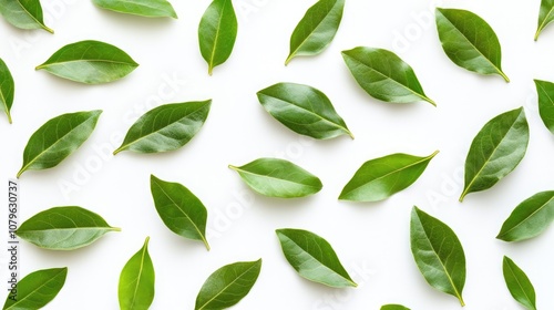 Fresh green bay leaves on white background viewed from above