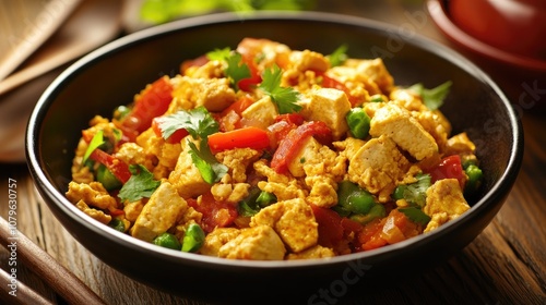 Tofu scramble dish Gourmet soy fried snack meal