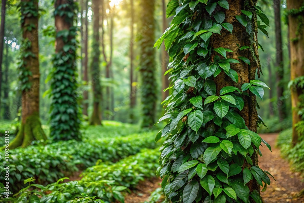 Coffee plant in a lush forest with vines crawling around the trunk and leaves scattered on the ground, greenery, tropical, nature Coffee plant in a lush forest with vines crawling around the trunk and leaves scattered on the ground, greenery, tropical, nature