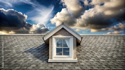dormer window on grey shingled roof with soft cloud