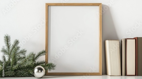 Vertical wooden picture frame mock up featuring a blank portrait template surrounded by books a pine twig and a Christmas ball on a white indoor table Minimalistic decor