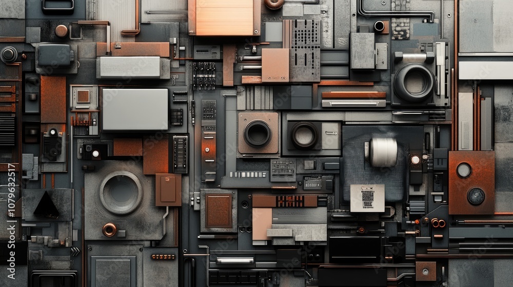 Obraz premium Abstract Industrial Collage of Metallic and Geometric Shapes