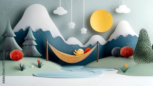 Layered paper cut artwork depicting a peaceful natural outdoor scene with a hammock suspended above a flowing river surrounded by mountains plants and a vibrant sky photo