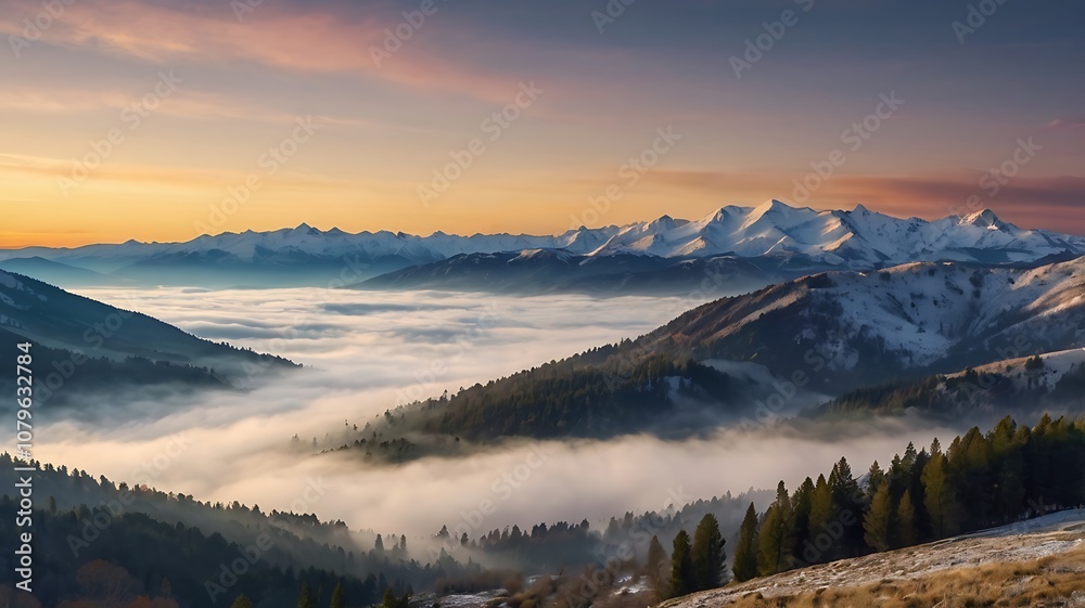 A breathtaking view of a valley with fog and snow-capped mountains at sunset.