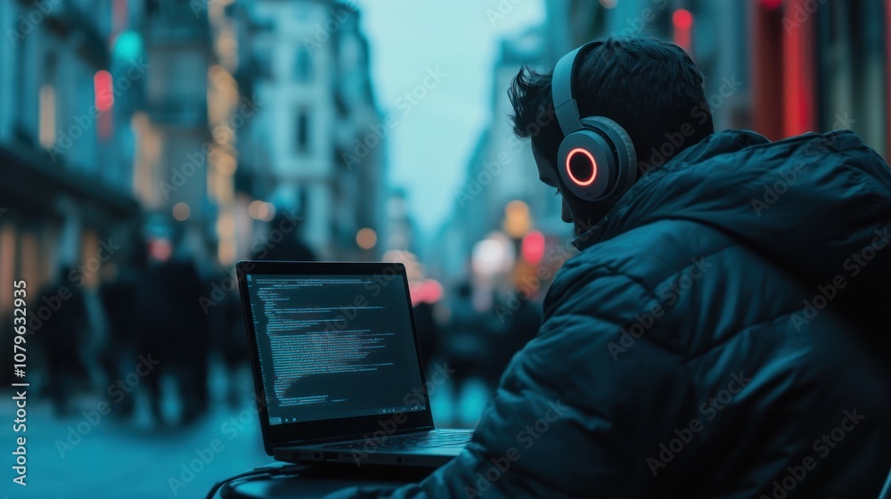 Man Working on Laptop in City Man Working on Laptop in City