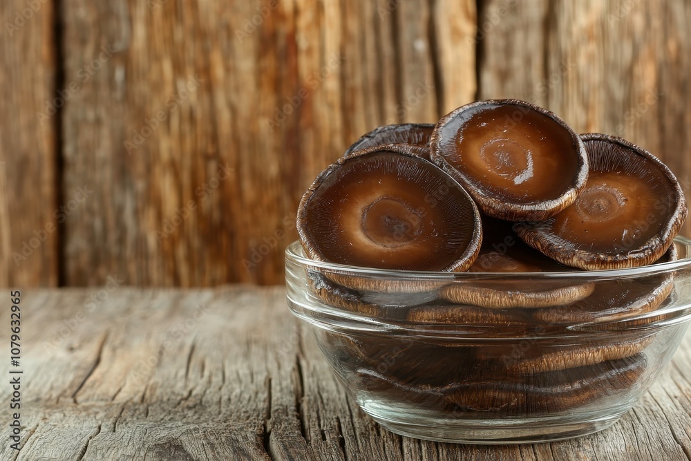 Fresh Mushroom Slices in a Glass Bowl with Rustic Background Fresh Mushroom Slices in a Glass Bowl with Rustic Background