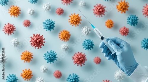 Syringe and gloved hand against a defocused backdrop of viral shapes, illustrating the fight against COVID-19 photo