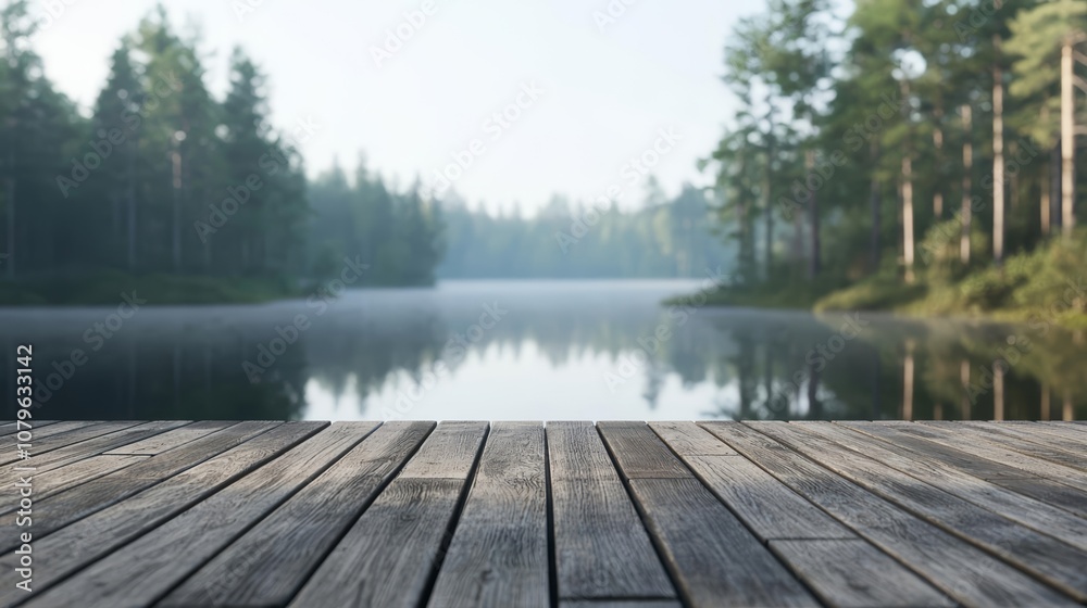 Empty wooden platform with a picturesque forest lake, morning light casting reflections on the water Empty wooden platform with a picturesque forest lake, morning light casting reflections on the water