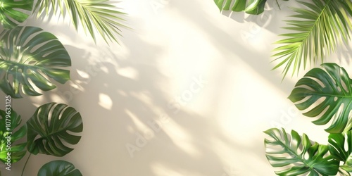 composition where Monstera leaves cast beautiful, intricate shadows against a white or pastel background, capturing the feel of sunlight filtering through a tropical plant