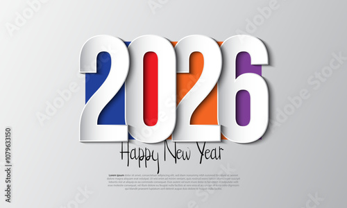 Happy new year 2026 design with colorful truncated number illustrations.
