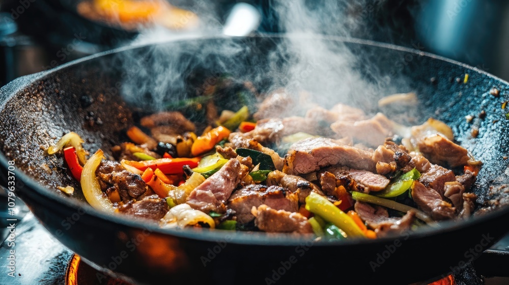 Wok filled with sliced meat and assorted vegetables Wok filled with sliced meat and assorted vegetables