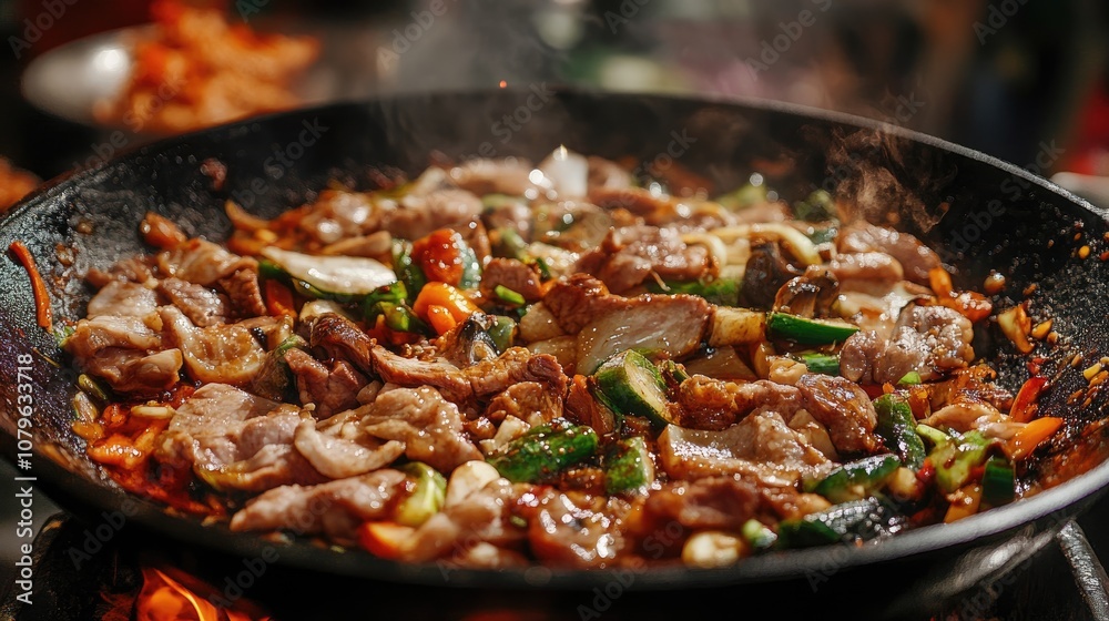 Wok filled with sliced meat and assorted vegetables Wok filled with sliced meat and assorted vegetables