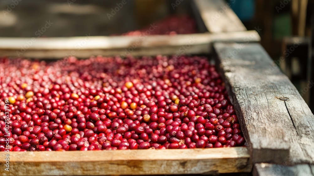 Fresh Arabica coffee berries and their drying process Fresh Arabica coffee berries and their drying process