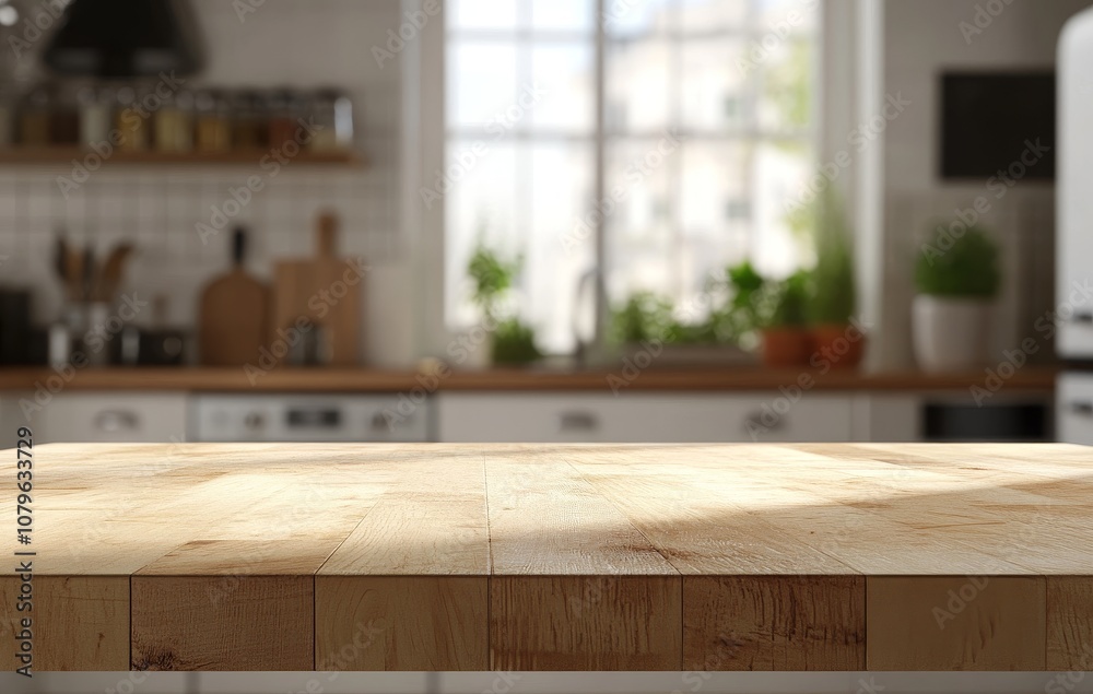 Wooden table top in a kitchen with a blurred background. Wooden table top in a kitchen with a blurred background.