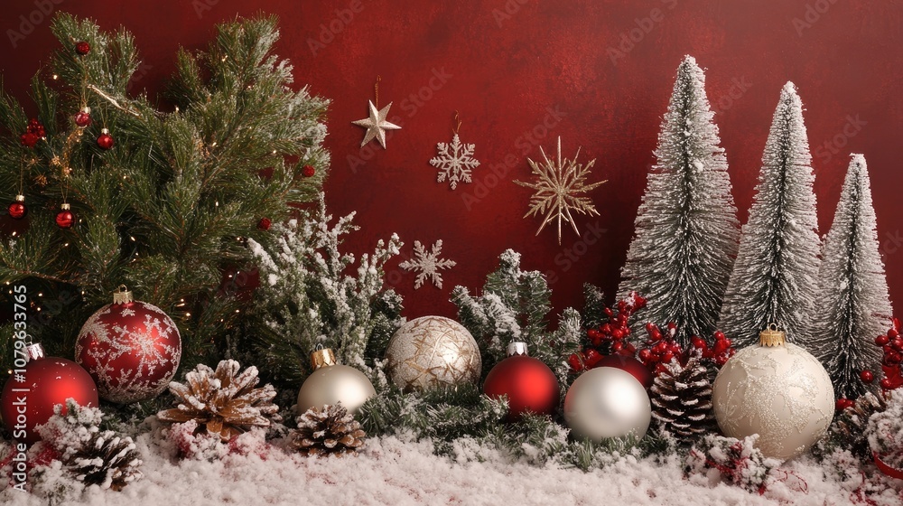 Arrangement of festive decorations for a display template featuring ornaments stars and trees tailored for Christmas greeting designs Arrangement of festive decorations for a display template featuring ornaments stars and trees tailored for Christmas greeting designs