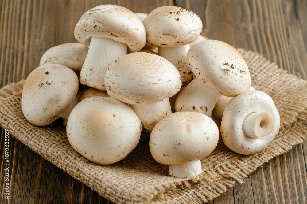Mushrooms Artistically Arranged on Rustic Burlap Cloth