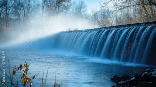 Water flows over the dam into the river generating mist in the refreshing morning atmosphere