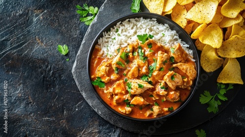 Chicken stroganoff served with rice and crispy chips Area available for additional text