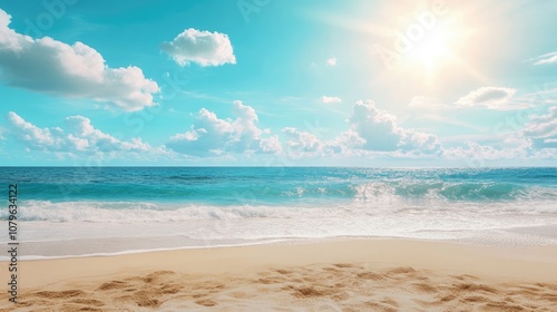 Tropical beach scene featuring golden sand and sunlight with sea water beneath a blue sky adorned with white clouds Ideal for summer vacation themes and offers ample copy space photo