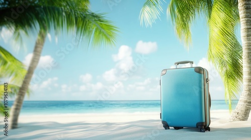 Blue suitcase resting on a sandy beach surrounded by palm trees and a bright clear sky photo