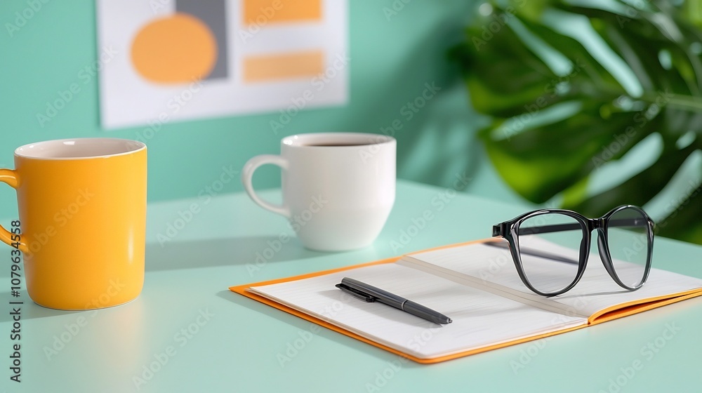 Organized and stylish desk setup with a flat design vision board motivational quotes stationery and a potted plant symbolizing planning goal setting and productivity in a modern vibrant style Organized and stylish desk setup with a flat design vision board motivational quotes stationery and a potted plant symbolizing planning goal setting and productivity in a modern vibrant style