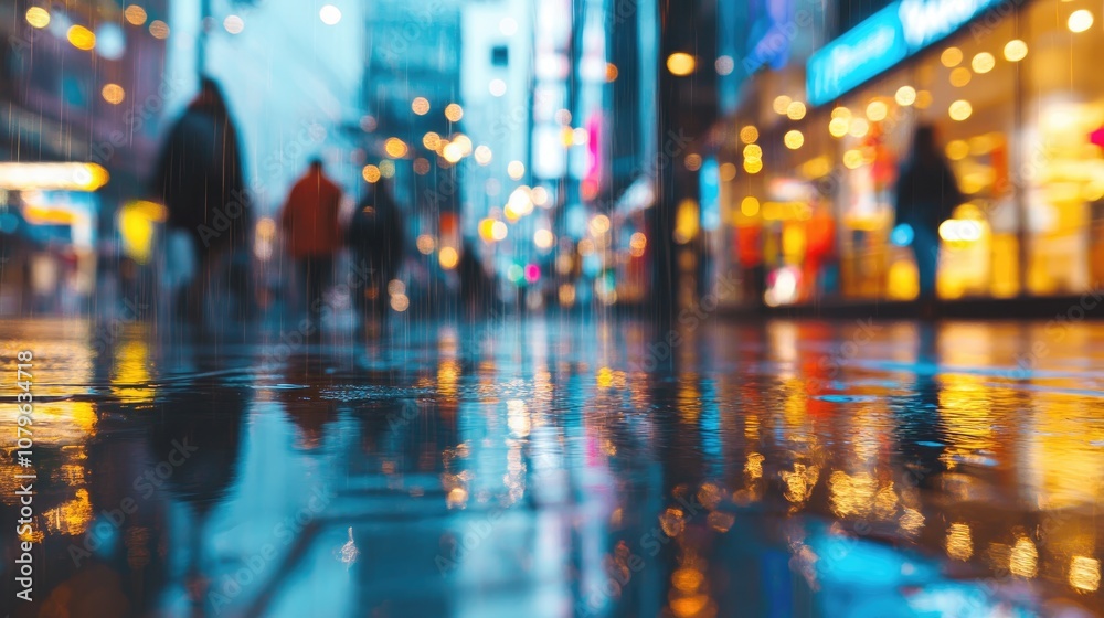 Rain falls on city lights creating reflections on the sidewalk and street as people stroll by store windows in an urban evening setting with a blurred background Rain falls on city lights creating reflections on the sidewalk and street as people stroll by store windows in an urban evening setting with a blurred background