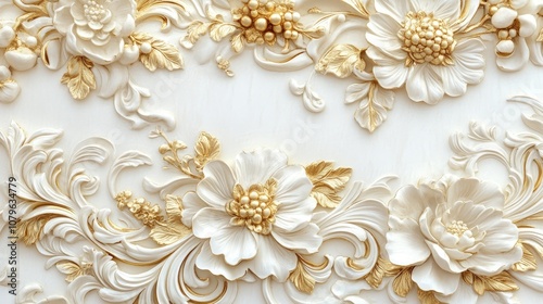 Elegant white and gold floral wall panel featuring intricate designs and details