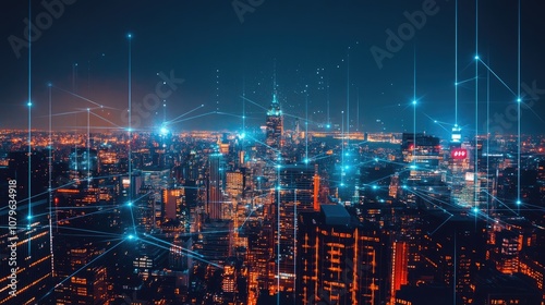 Wallpaper Mural Night Cityscape with Glowing Network Lines Torontodigital.ca