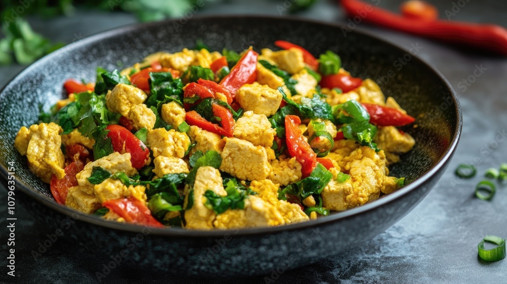 Tofu scramble dish Gourmet soy fried snack meal Tofu scramble dish Gourmet soy fried snack meal