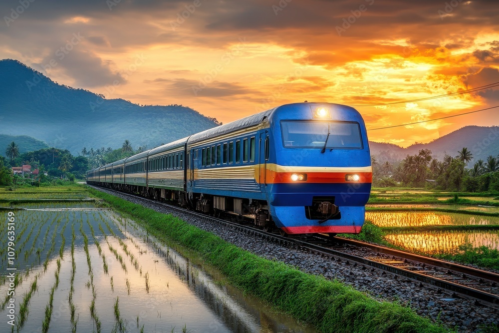 Fototapeta premium Train Passing Through Rice Paddy Fields at Golden Hour
