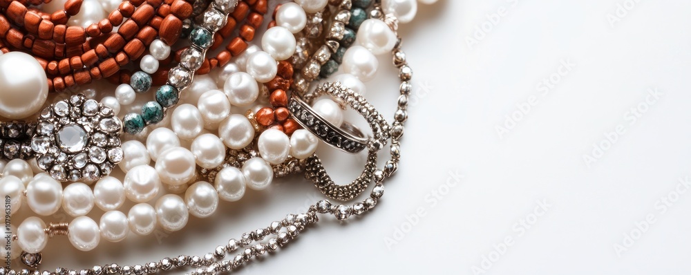 A collection of elegant jewelry pieces arranged artfully on a light surface. A collection of elegant jewelry pieces arranged artfully on a light surface.