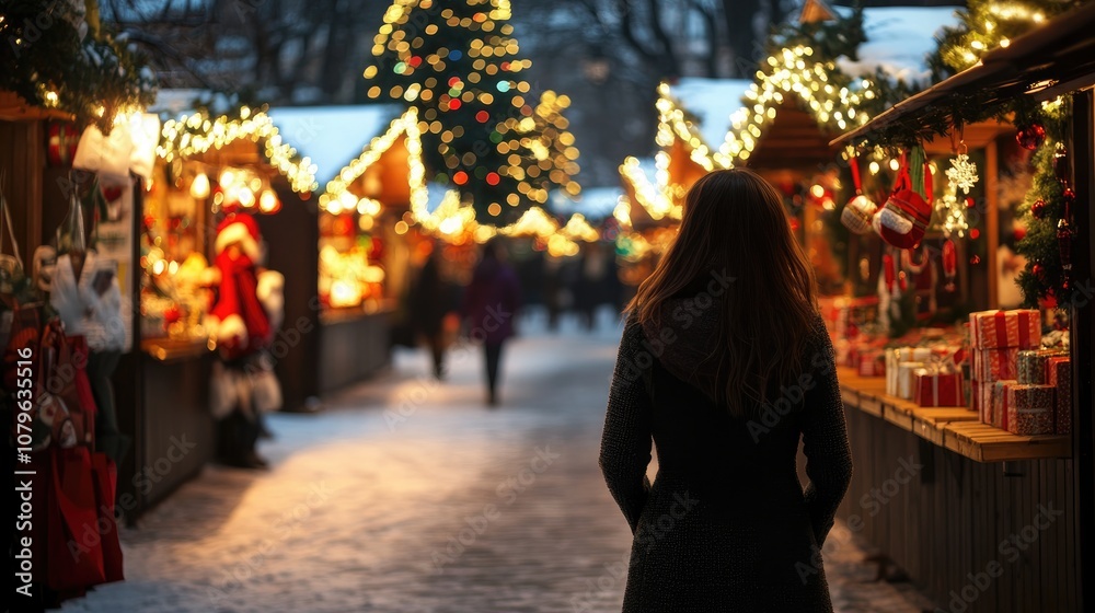 A girl strolls through a beautifully lit Christmas market in the evening surrounded by festive decorations for the winter season A girl strolls through a beautifully lit Christmas market in the evening surrounded by festive decorations for the winter season