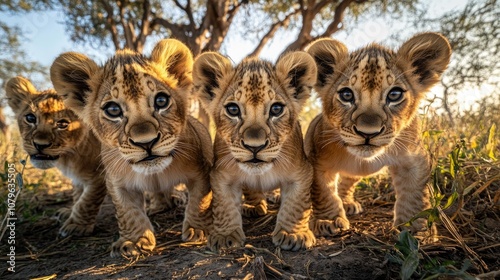 A playful group of young lion cubs gazing directly at the camera captured with an ultra wide angle lens from a frontal perspective Wildlife portrait highlighting environmental themes photo