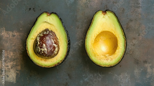 Comparison of a half spoiled avocado and a half good avocado Contrasting two states of freshness photo