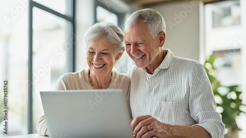 An elderly couple smiling while reviewing a retirement savings plan on a laptop, feeling prepared for the future