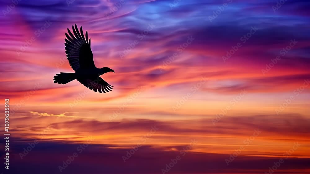 A silhouetted bird soaring against a vibrant sunset sky filled with colorful clouds.